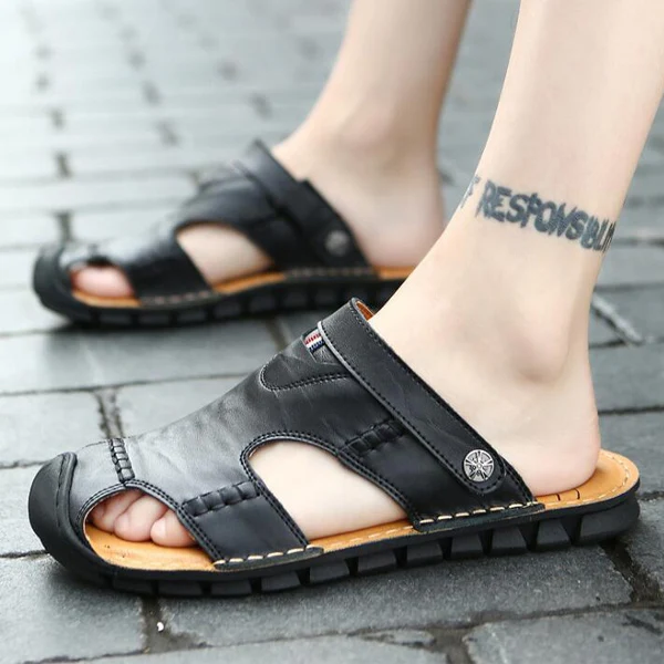 Black Beach Sandals YIGER/Новинка; мужские тапочки из натуральной кожи; мужские пляжные сандалии для летнего отдыха; тапочки на резиновой подошве; цвет коричневый, красный, коричневый, черный; 0068 - Цвет: Black Beach Sandals