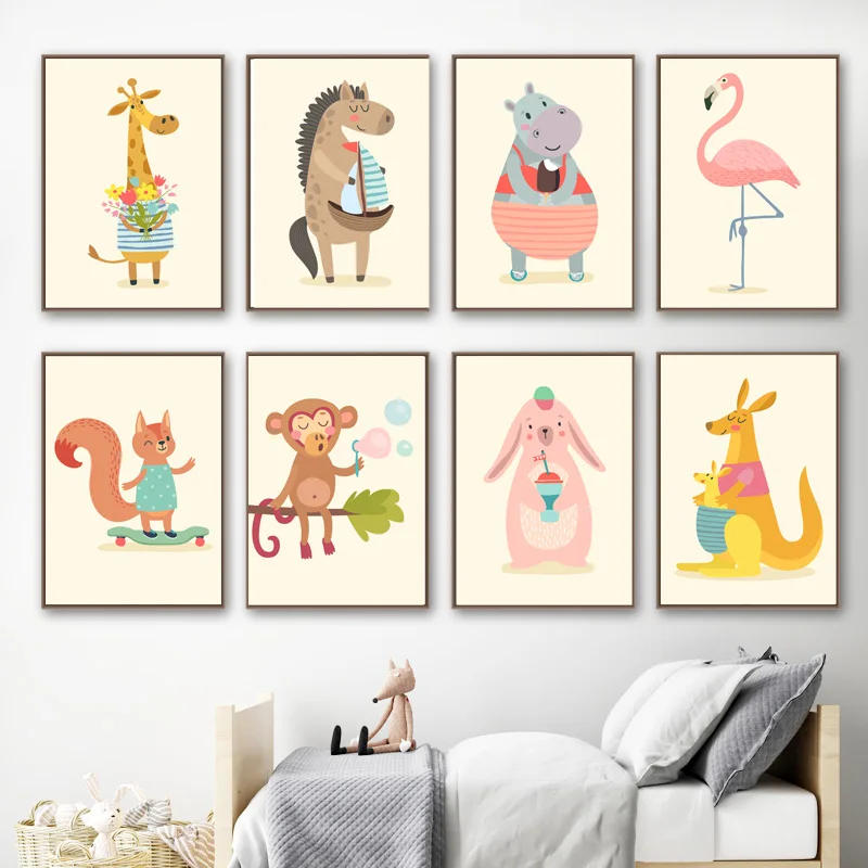 Жираф Бегемот кролик обезьяна кенгуру Настенная картина в детскую Холст Картина