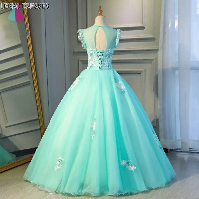 Аквамарин тюлевые аппликации кружево Выпускные платья скромное бальное платье