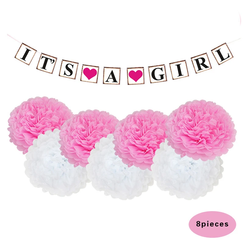 8pcs/set DIY Pattern Red White Pom pom Flower Balls It's A Girl Paper Banner Garland for Baby Shower 1st Birthday Party Decor | Дом и сад