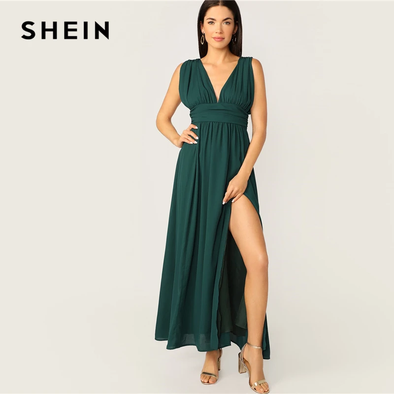 SHEIN Платье На Молнии Сзади С Высоким Разрезом И V-Образным Вырезом Женские Элегантные Платья Без Рукавов