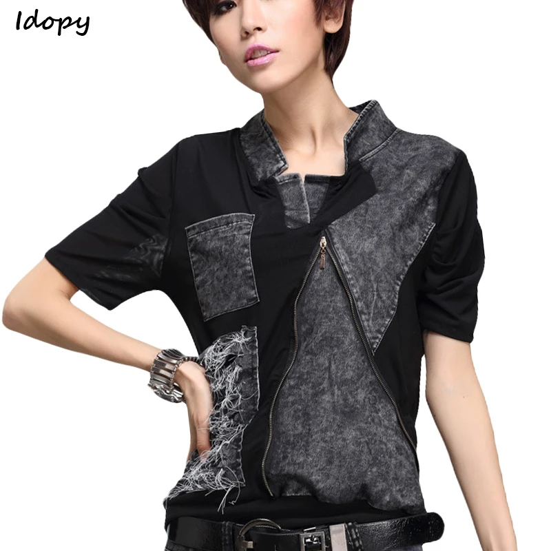 

Idopy Luxury Korean Harajuku Jeans Styles Girls Punk Tops Tee Shirt Womens Stand Collar T-shirt Zipper Woman Bts Funny Tshirt