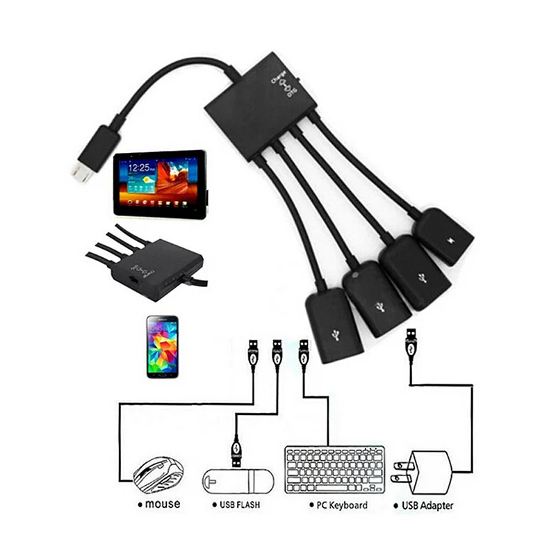4 портовый USB концентратор микро зарядка кабель OTG разветвитель соединитель для
