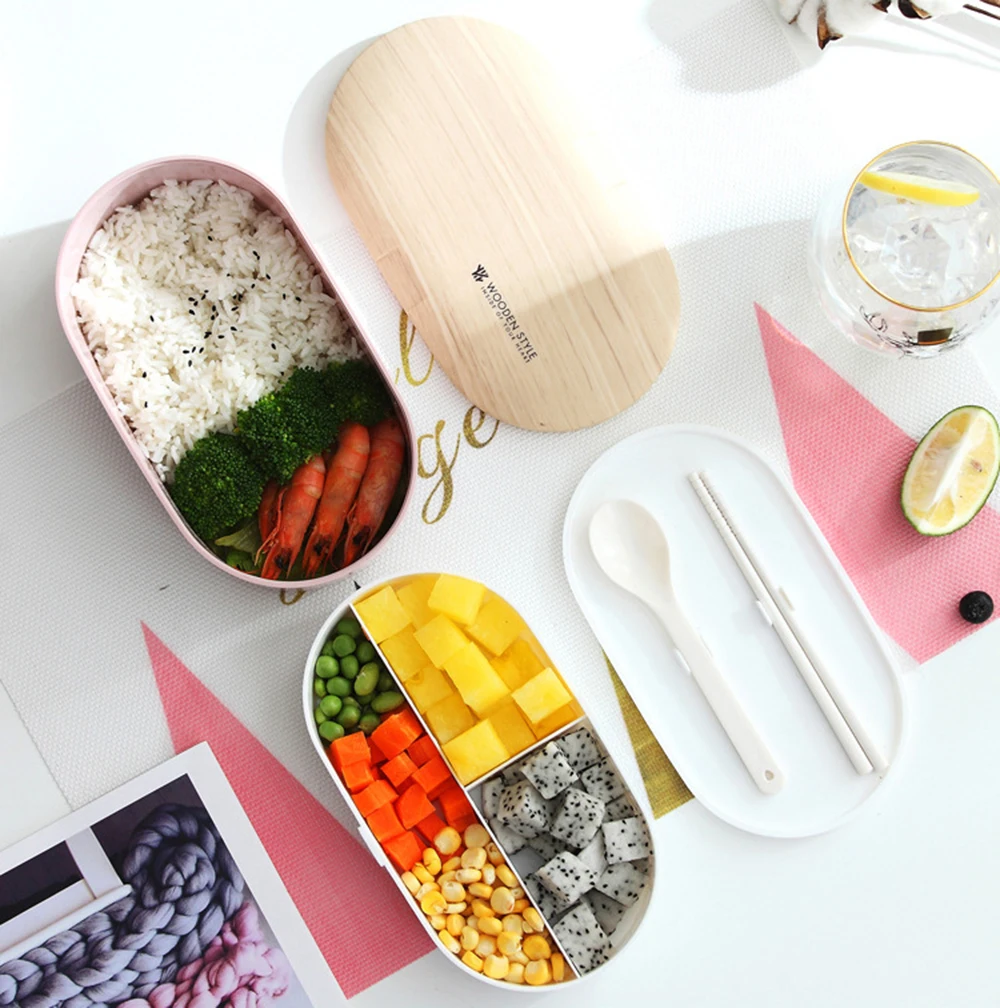 TUUTH 800 мл Ланч-бокс двухслойный деревянный на ощупь салат Bento box с столовыми приборами портативный контейнер для СВЧ еды школьный офис