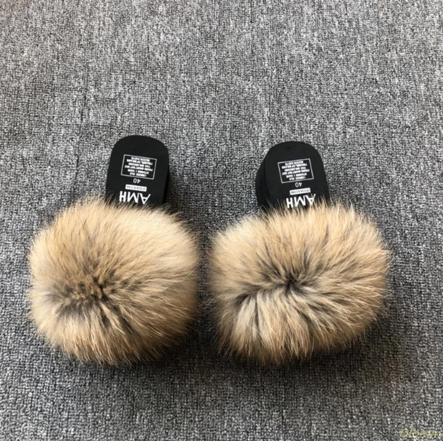 

Real Fur Slippers platform Women Fox Home Fluffy Slippers With Feathers Furry Summer Flats Ladies Shoes Fox Fur Flip Flops