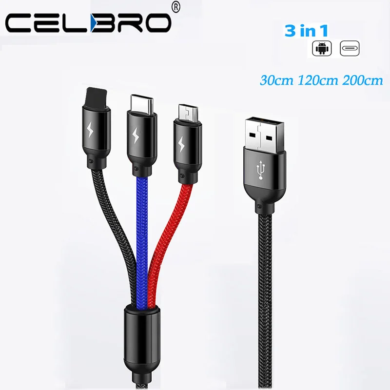 3 в 1 мульти USB Type C кабель 2 метра микро Usb короткий несколько зарядное устройство
