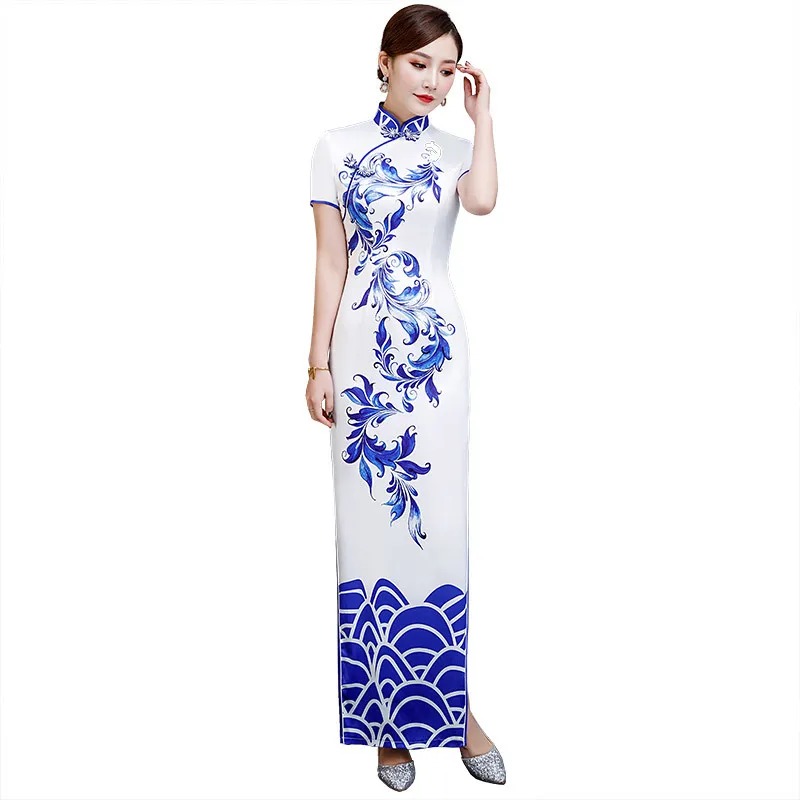

Женское платье с винтажным принтом, голубое и белое платье-Ципао на пуговицах ручной работы, официальное китайское платье