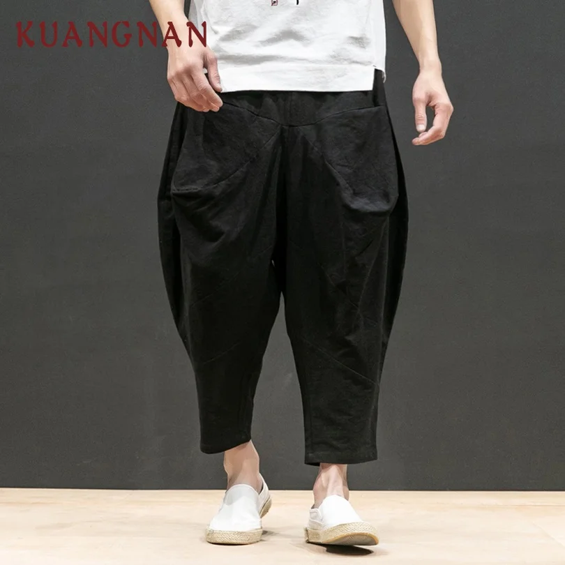 KUANGNAN Japan Style Linen Wide Leg Pants Men Jogger Japanese Streetwear Joggers Men Pants Hip Hop Trousers Men Pants