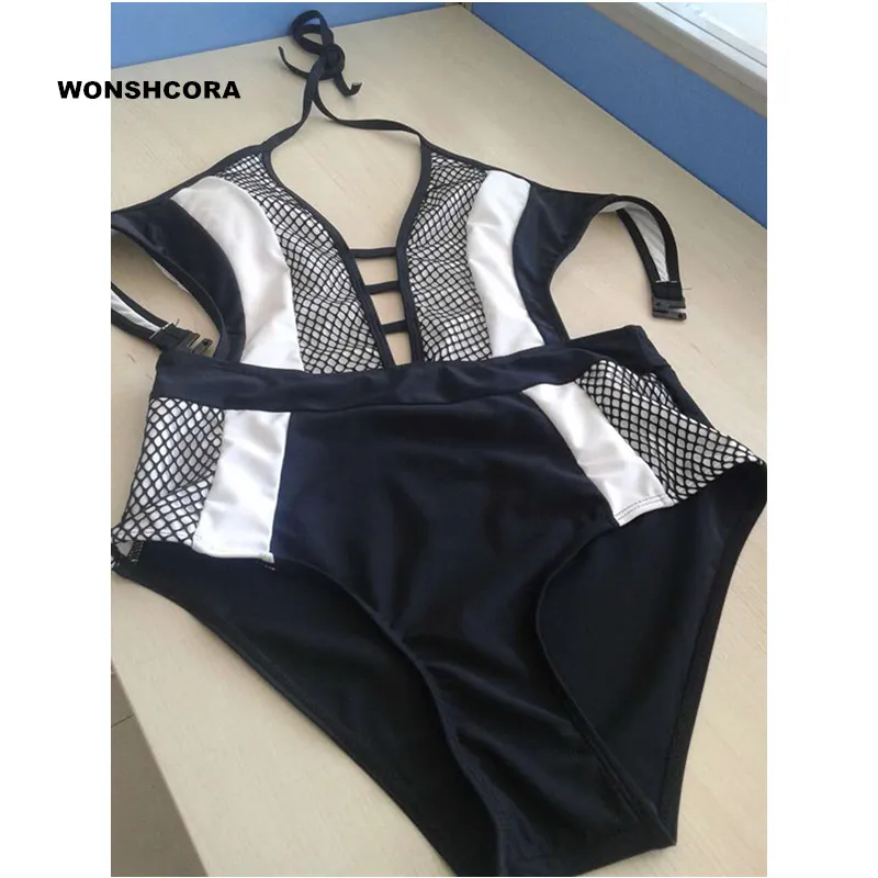 Сексуальный бикини 2017 набор черный белый лоскутный Цельный купальник для