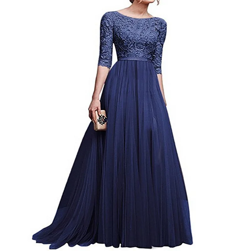 Spring Autumn Nylon Women's Dress Round Collar Middle Sleeve Pullover Solid Fashion Office Lady | Женская одежда