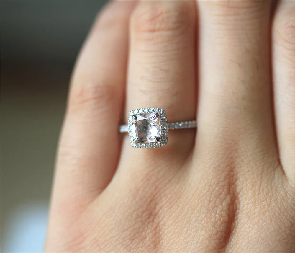 

DUPUY Natural 6MM Cushion Cut Morganite&Diamonds Halo Ring 14K White Gold Morganite Ring Half Eternity Stackable Engagement Ring