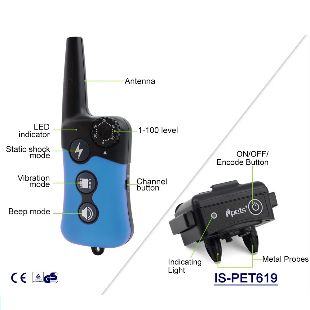 IPETS PET619 водонепроницаемый перезаряжаемый 300 м дистанционный ошейник для дрессировки собак Электрический шокирующий Вибрационный тренажер для собак