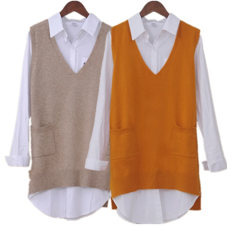 

2020 New Spring And Autumn Ladies V-neck Cashmere Sweater Korean Version Of The Long Vest Pullover Loose Free Shipping
