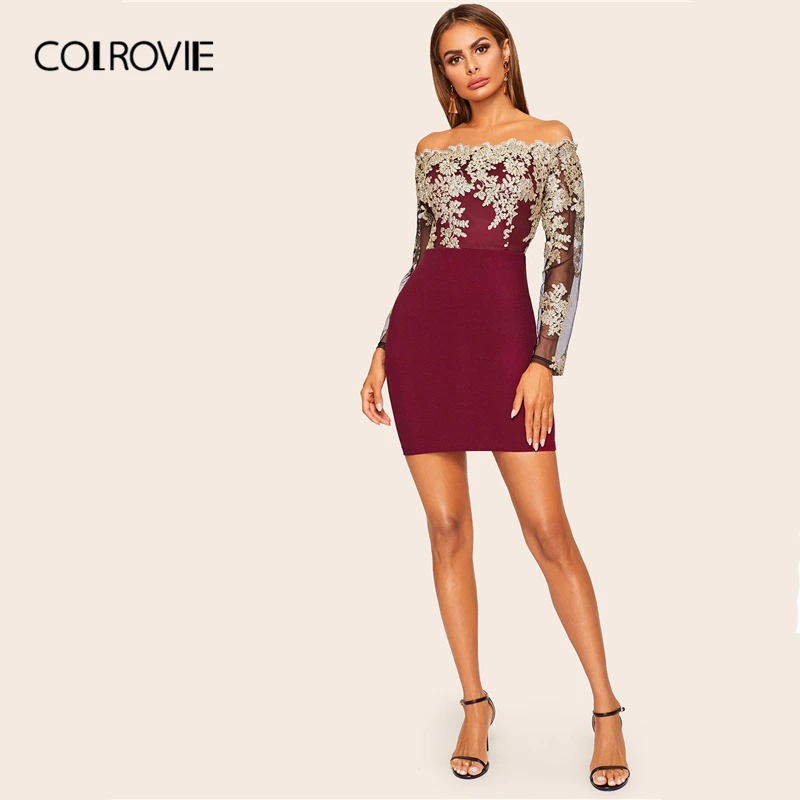 COLROVIE Бургундия с открытыми плечами кружева вышитые гребешок Bodycon Элегантный мини платье женское с длинным рукавом платья для вечеринок