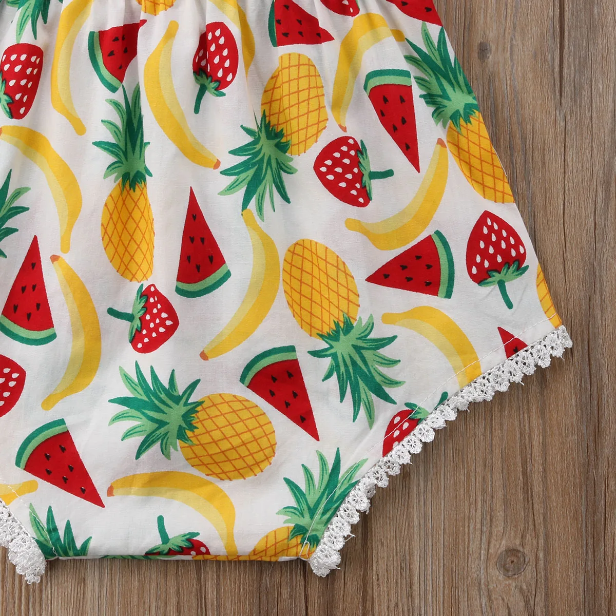 

2PCS Baby Girls Toddler Pineapple strawberry fruit print Ruffles Sleeve Jumpsuit Bodysuit Headband Cotton Sunsuit Size 0-24M