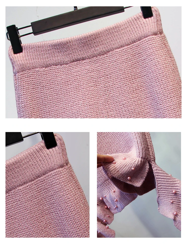 New Autumn Winter Fashion Women's Sets Pink Beading Knitted Sweaters+ Slim Hip Sheath Skirts Female Skirt and Top Suits