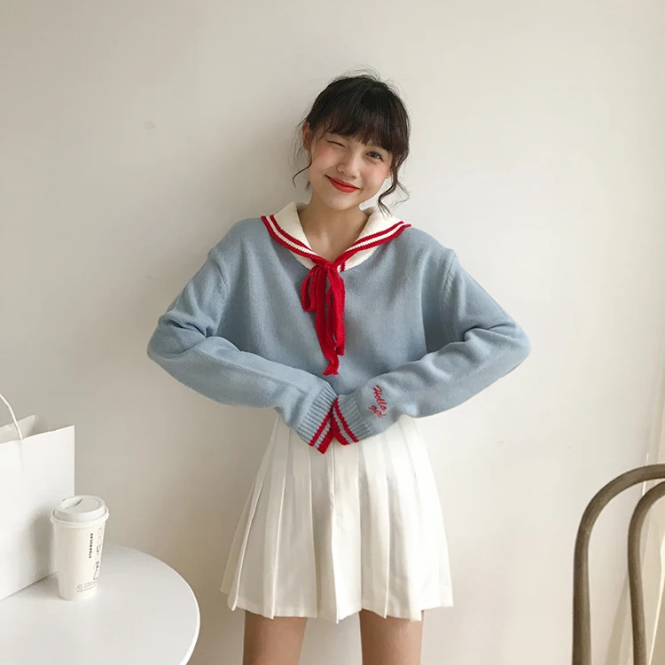 Осень 2019 зима свитеры для женщин harajuku корейской моды личности милый галстук лук