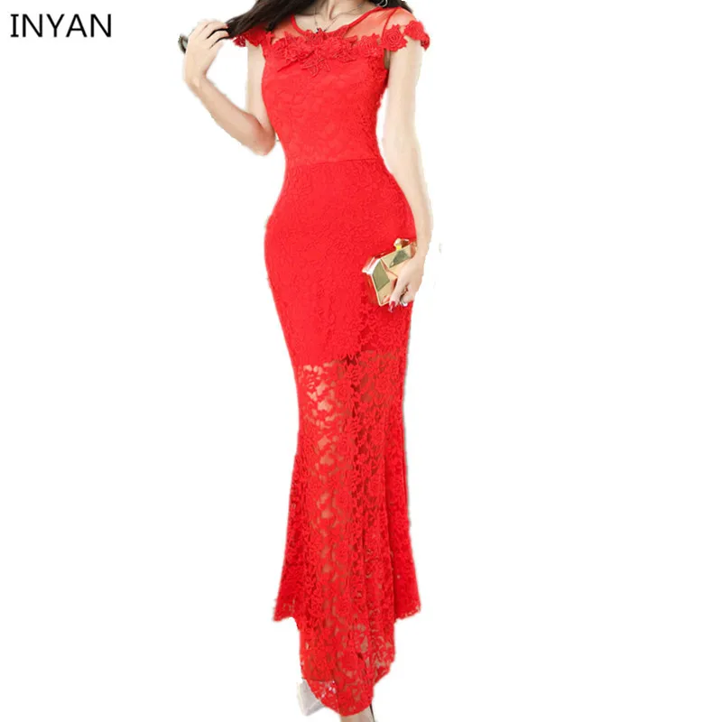 Пикантные Для женщин сетки Кружево шить О-образным вырезом оболочка Макси