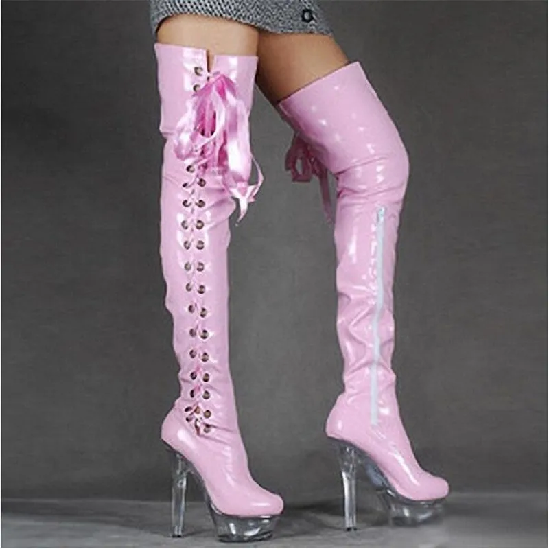 New High Quality Over Knee Boots Girls Lace Up Fashion Women's Boots 15cm Stiletto Heels Hot Sale Women's Shoes 35-46