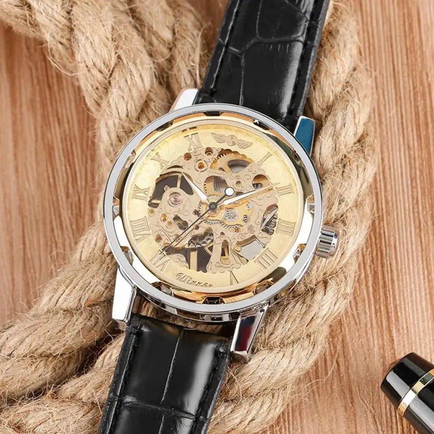 Скелет механические часы Для мужчин кожа циферблат Автоматическая Бизнес