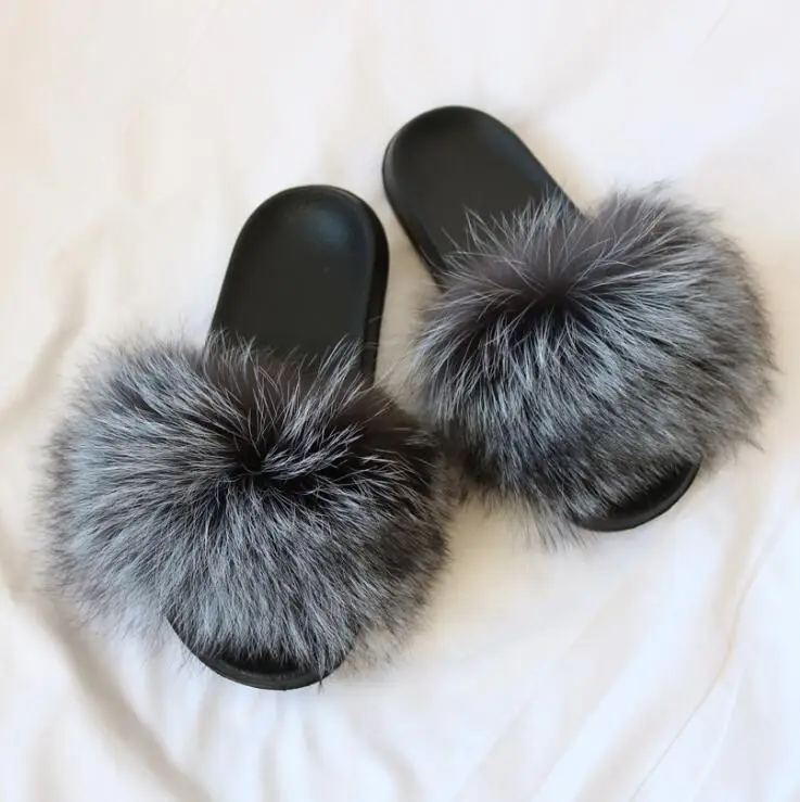 silver fox fur ZDFURS/; модные шлепанцы с лисьим мехом; шлепанцы без задника с натуральным мехом; Летние вьетнамки; повседневные Модные босоножки с лисьим мехом; модная плюшевая обувь; - Цвет: silver fox fur