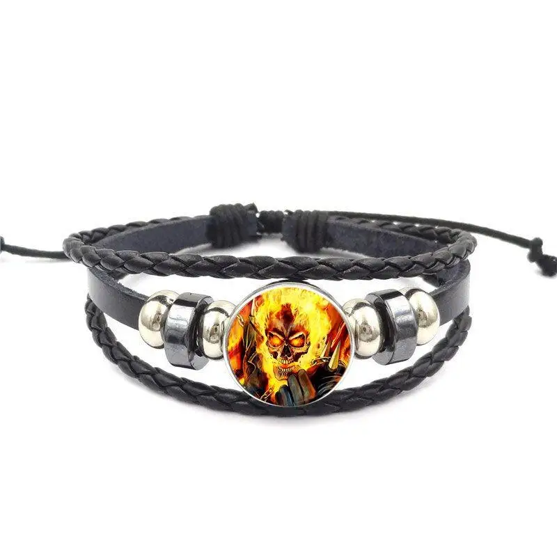 EJ Glaze Ghost Rider Steampunk Style Jewelry With Glass Cabochon Statement Black Leather Bracelet Bangle For Women | Украшения и