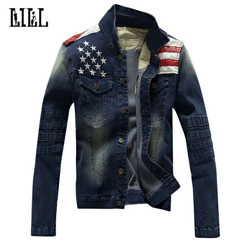 Новинка весна 2017 Модная Джинсовая куртка с кожаным флагом мужские стильные