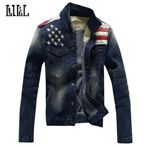 Новинка весна 2017, Модная Джинсовая куртка с кожаным флагом, мужские стильные куртки-бомберы, мужская куртка, Мужская Облегающая джинсовая куртка, UMA381
