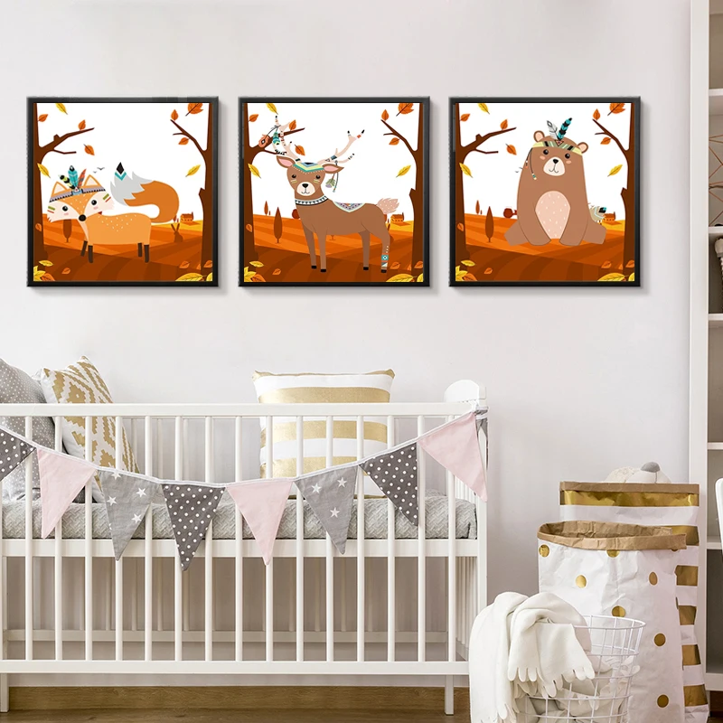 Spray Color Autumn Indian Animals Bear Deer Posters Prints Nordic Kids Room Wall Pictures Home Decorative Canvas Painting | Дом и сад