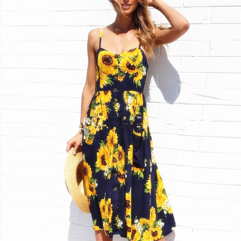 Striped Button Sexy Casual Summer Strap Dress Long Boho Beach Pockets Women Sundress Vestidos Elegant Sunflower Dess Female 2018 | Женская