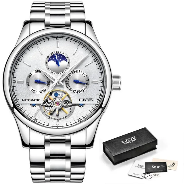 Silver white-S LIGE для мужчин часы лучший бренд класса люкс автоматические деловые s полный сталь Бизнес водонепроницаемые спортивные часы Relogio Masculino - Цвет: Silver white-S
