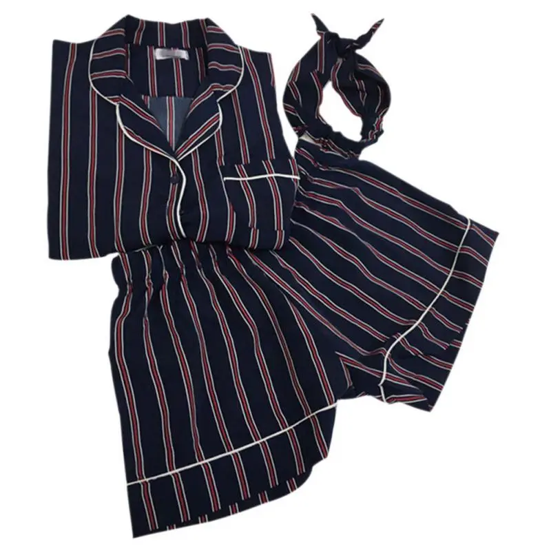 Синий Summer Women Pajamas Turn-down Collar Sleepwear 3 Piece Set Shirt+Shorts Striped+Headdress Casual Pajama Set pijama de mujer - Цвет: Синий