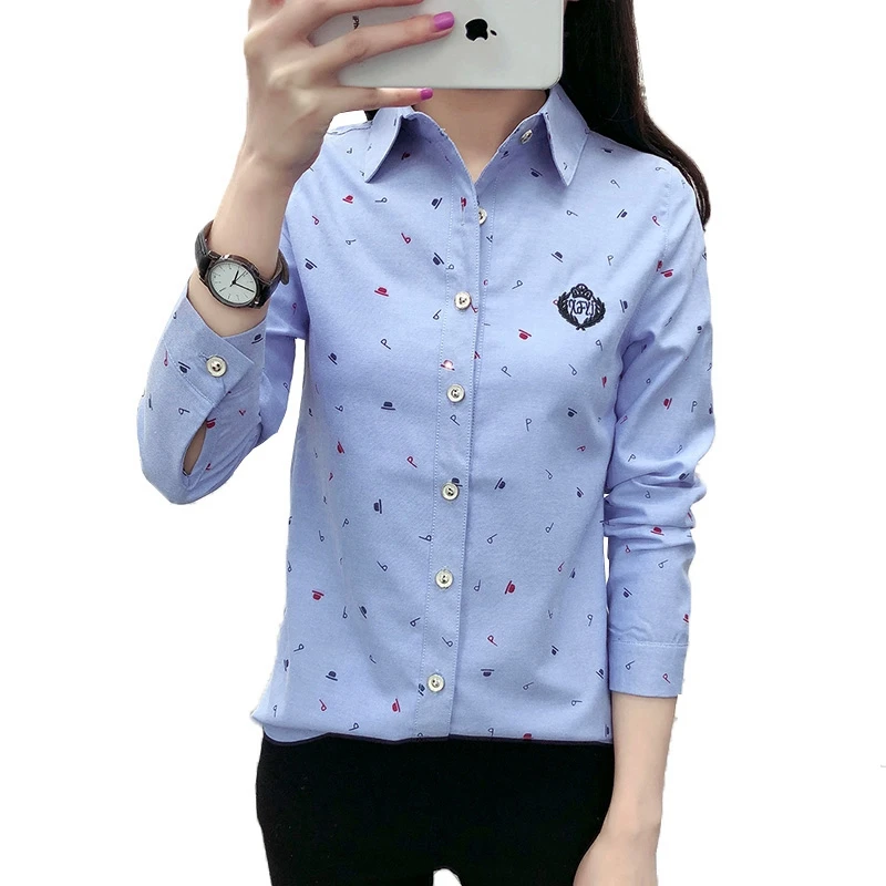 New spring Autumn women Preppy style cotton Contrast color print pattern Turn-down Collar long sleeve blouse shirt casual tops