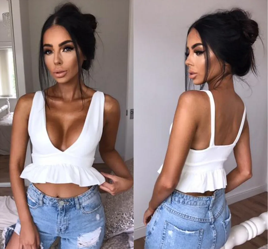 BJHOW белый топ без рукавов с рюшами топик спинки 2017 женский укороченный Летний