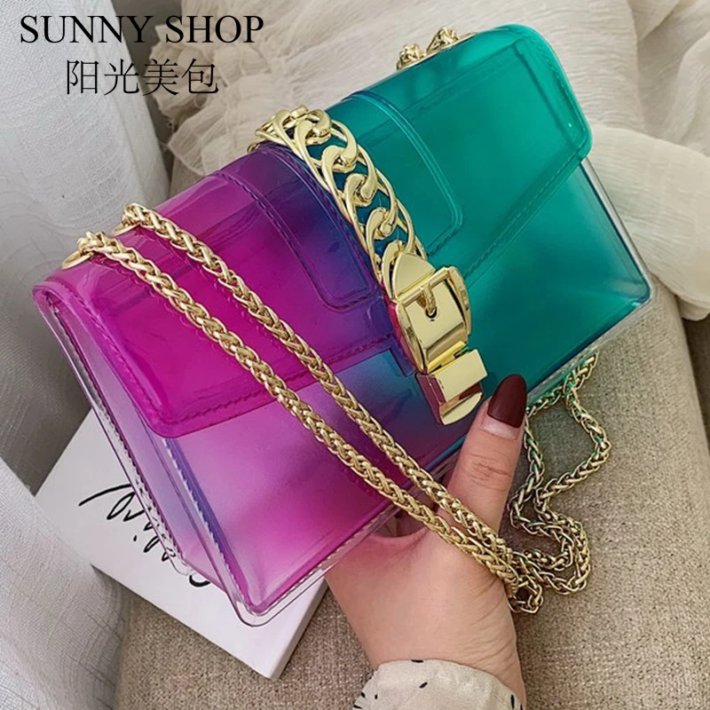 SUNNY SHOP женская сумка на плечо с цепочкой Маленькая женская прозрачная сумка прозрачный ПВХ мешочек для конфет желе лоскут градиент