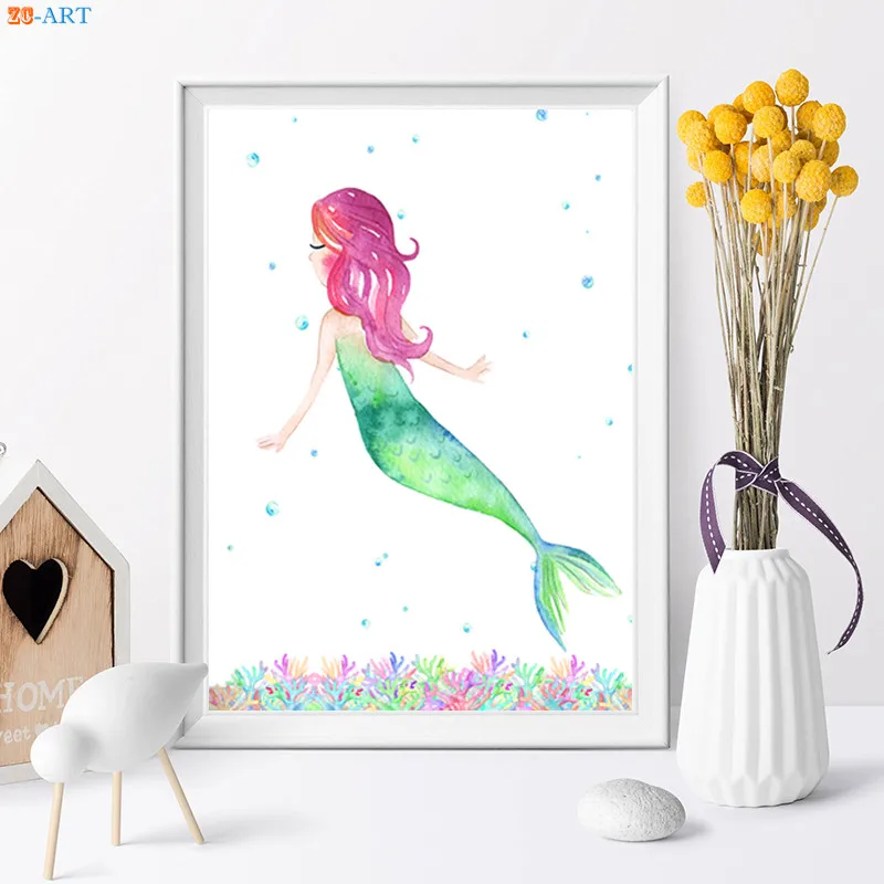 Cartoon Mermaid Canvas Painting Poster Print for Nursery Wall Art in Little Girls Room or Kids Bathroom Home Decor image 4