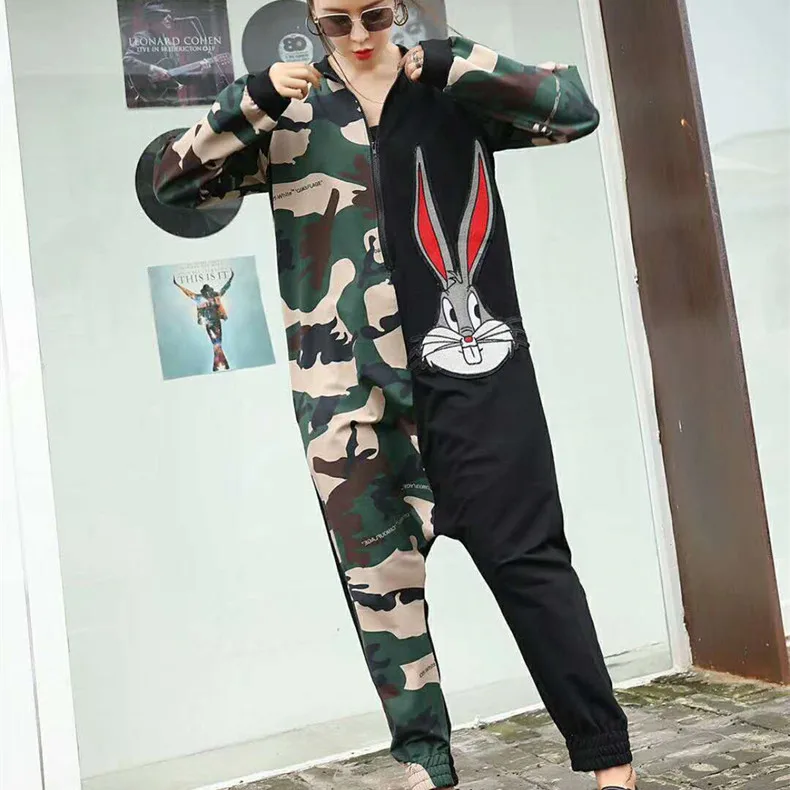 Tide brand women's 2019 autumn new hip hop wind cartoon beaded sequin stitching long sleeve large size jumpsuit trousers | Женская