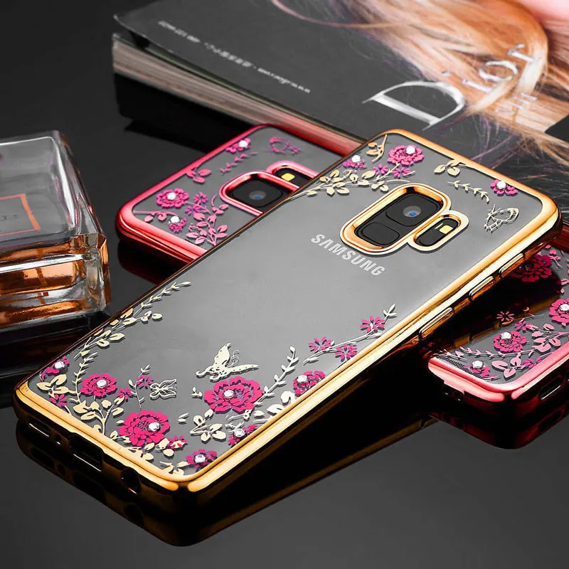 Чехол для Samsung Galaxy S5 S6 Edge S7 S8 S9 Plus блестящий чехол с цветком роскошный мягкий из ТПУ