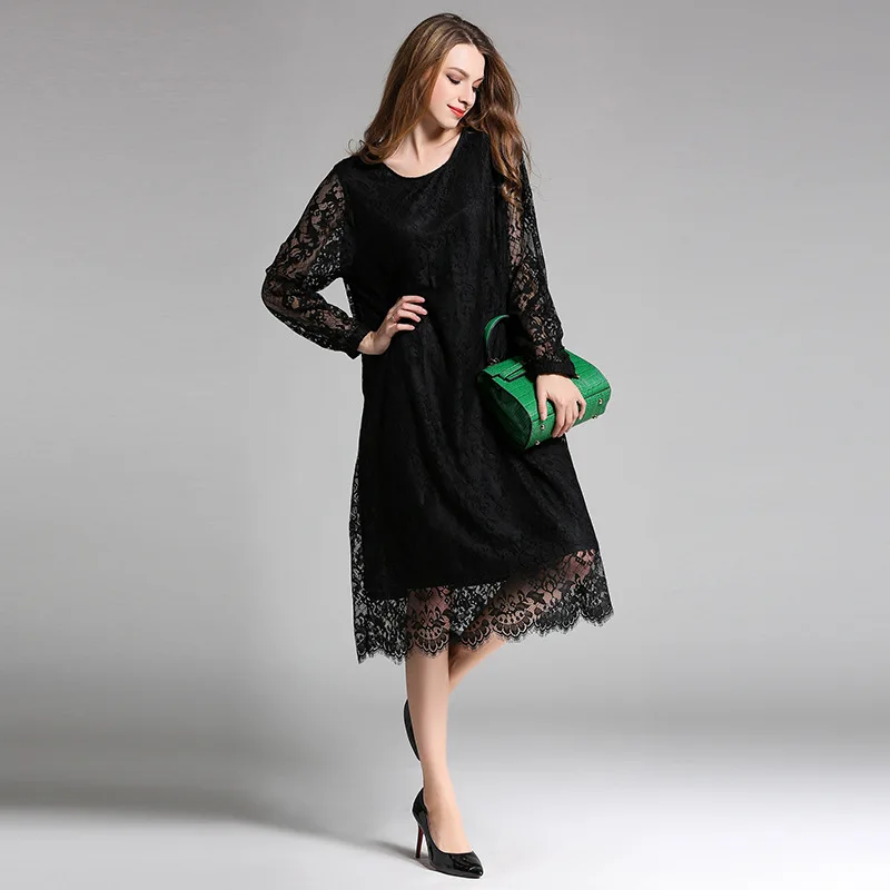 ASYMSAY European 2017 Spring Clothes New Long Lace Dress Hollow Out Embroidery Loose Plus Size Red Gray Black Dresses AC9526 | Женская