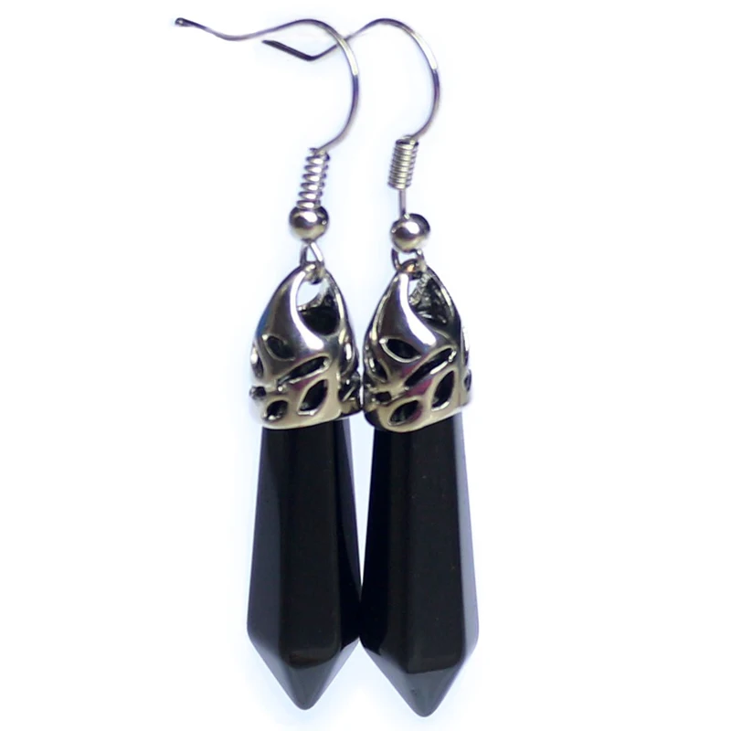 black stone Винтажный серебряный цвет натуральный драгоценный камень висячие серьги женские пули аметисты опал кварц Агаты бирюзовый камень серьги - Окраска металла: black stone