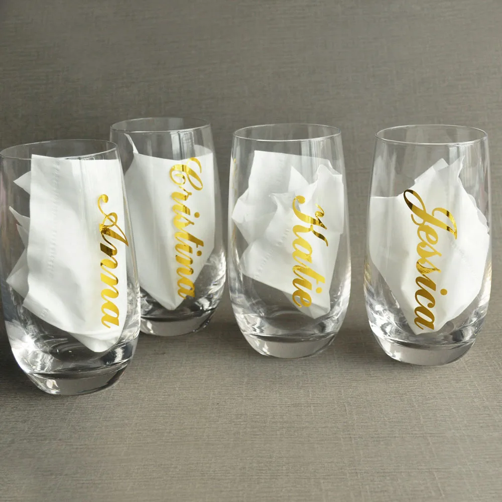 

Personalized Stemless Flute Decal, Stemless Champagne Flute, Bridesmaid Gift,Bridal Party Gifts, Gold Name Decals