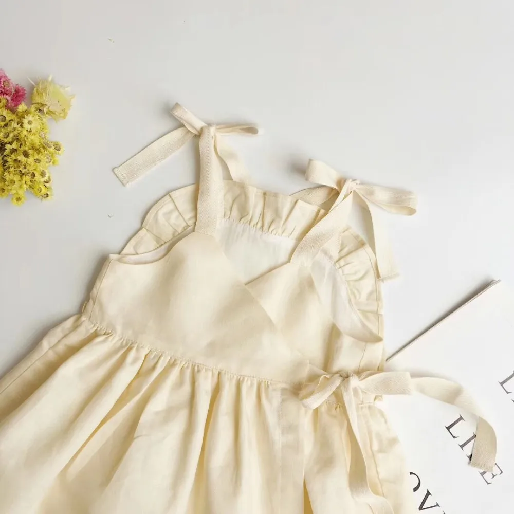 kids dresses Romantic summer dress solid color bow tie strap lovely baby girls clothes Cotton&amplinen comfortable fabric | Детская