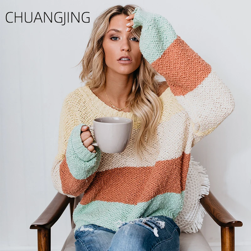 Casual Autumn Winter Knitted Pullover Sweater Women O-neck Long Sleeve Solid Patchwork Plus Size Female Fashion | Женская одежда