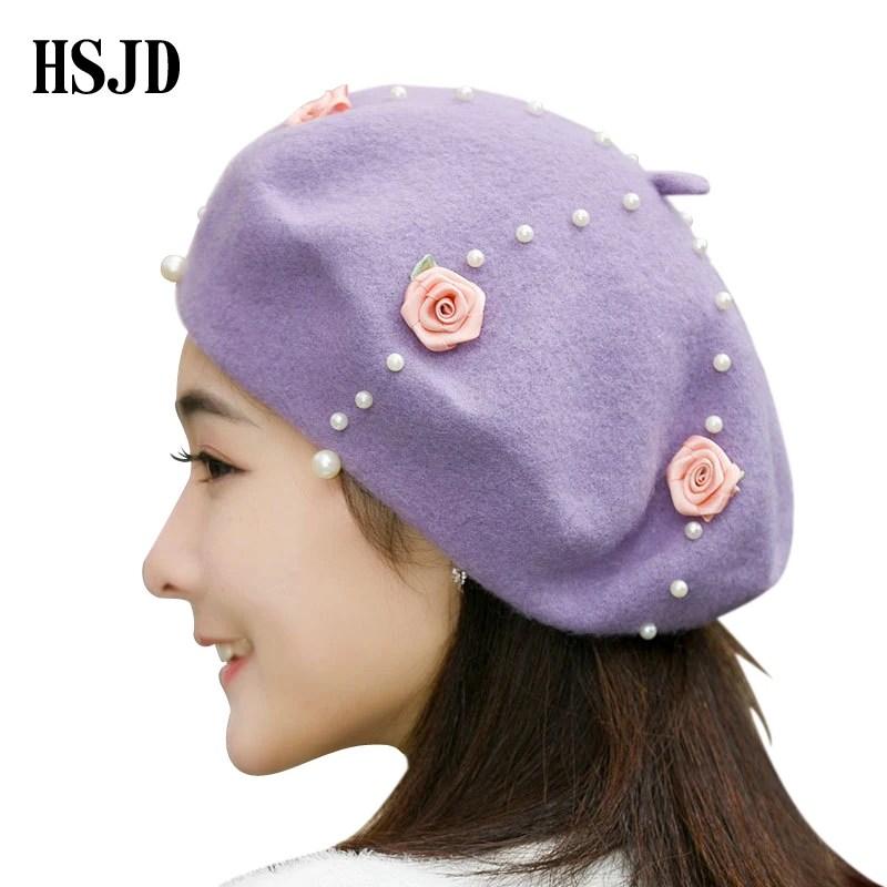 

2017 New Launch small rose pearl decor wool beret painter cap Cake cap winter warm Cashmere 80% wool Beret Female Bonia Gorras