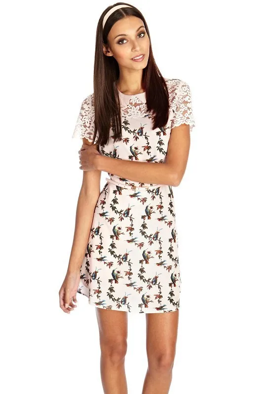 Новые девушки сладкий птицы рисунок кружевное платье с поясом DR1099-A02 | Женская