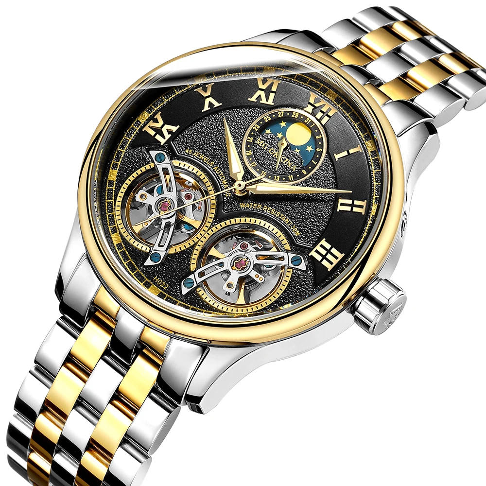 

Genuine Luxury ORKINA Brand Men watch mechanical automatic Self-wind waterproof full steel male Hollow fashion Dual Tourbillon