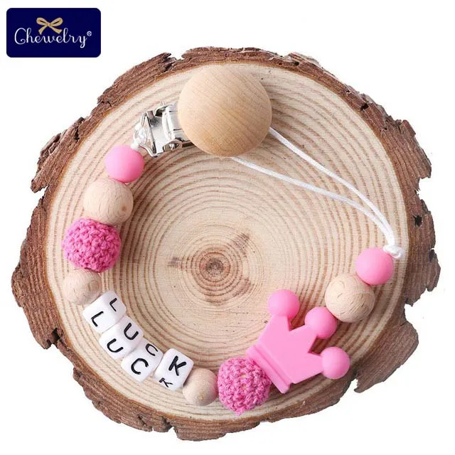 Hot Pink 1 шт., детский Прорезыватель для зубов, соска, зажимы для цепи, персонализированное имя, пищевая форма, силиконовая корона, прорезыватель, держатель для соски, деревянные бусины, игрушки - Цвет: Hot Pink