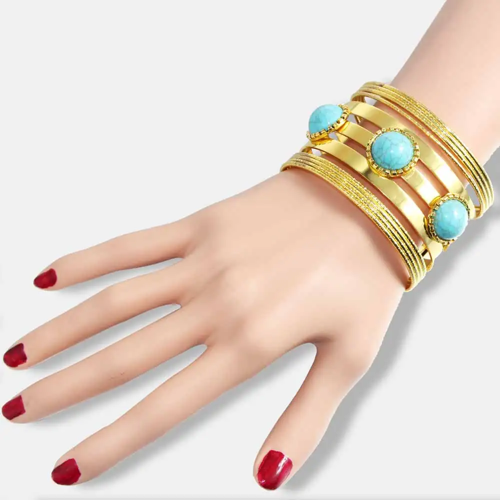 Роскошное с натуральным камнем золотого цвета браслет Блестящий широкий