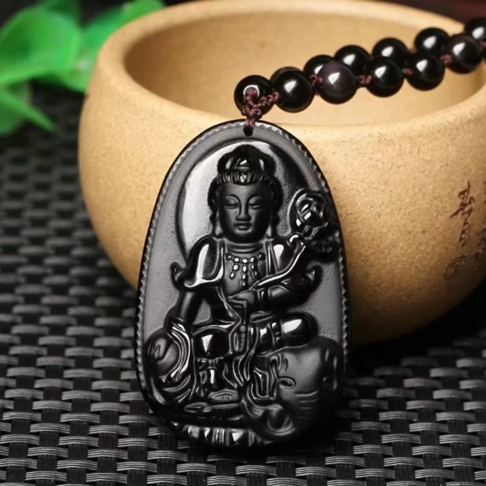 Большой высокое качество натуральный черный обсидиан Резные Будда Лаки амулет