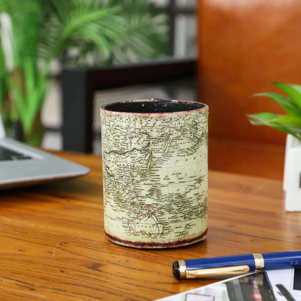 

LINKWELL Vintage World Map Pattern PU leather Pencil Cup Pen Holder Desk Organizer Storage Box Case